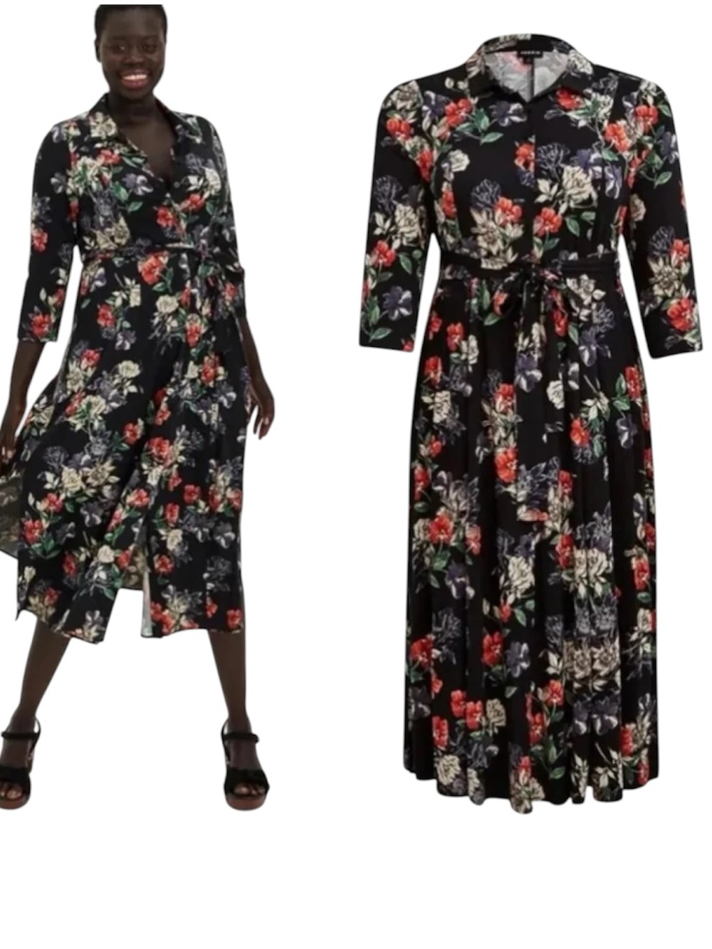 NEW Torrid Plus Sz 1X Black Floral Challis Maxi Shirt Dress